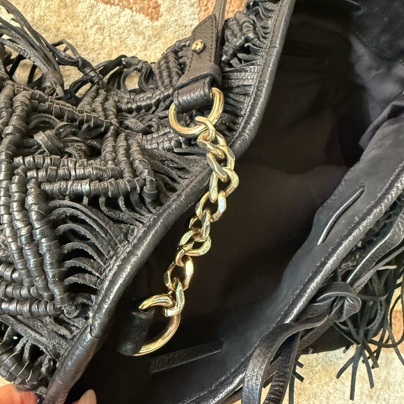 Zara Basics Black Macrame Suede Fringe Shoulder Bag - Picture 2 of 4